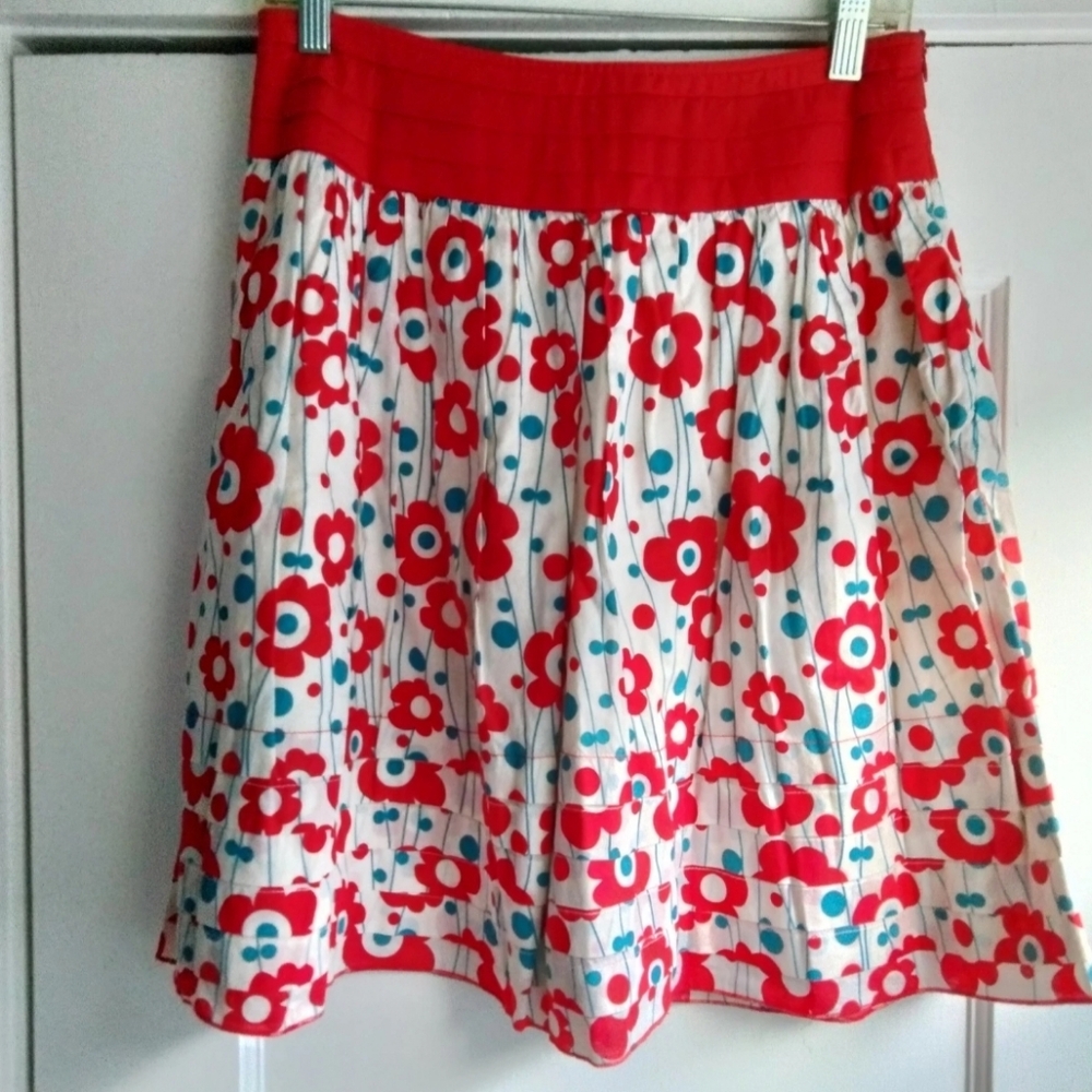 Twenty One Floral Skirt Women's Size Medium Cream Red Blue Ruffled Tiered Swing